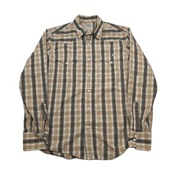 Lucky Brand Western Pearl Snap Shirt Mens Medium Brown‎ Plaid Cowboy Ranch - Picture 1 of 8